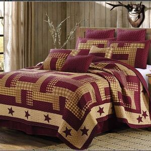 Farmhouse Burgundy Star Country Printed QUEEN Quilt Set Primitive Cottagecore